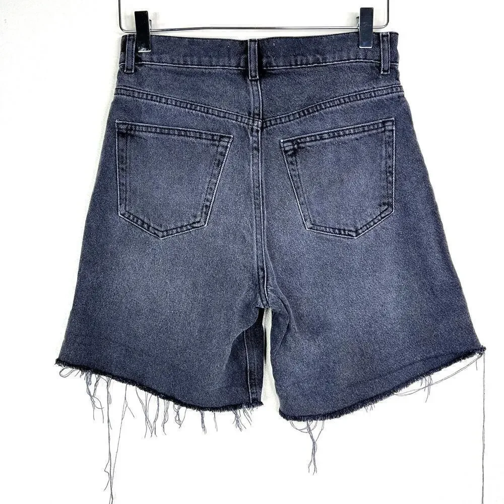 Reformation Black Denim Cut Off Jean Shorts High Waisted Long Button Fly 24